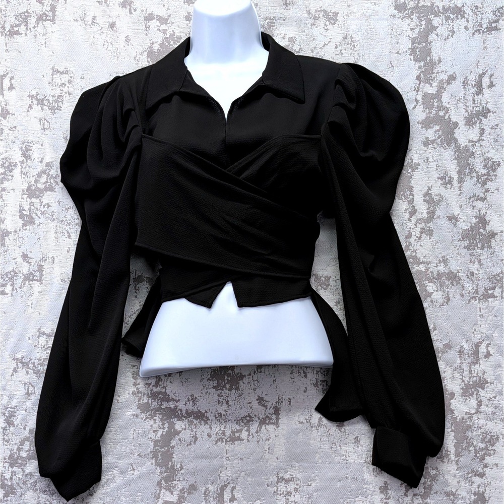 MV Black Puff Sleeve Wrap Crop Top Collared Tie Waist Blouse NWT